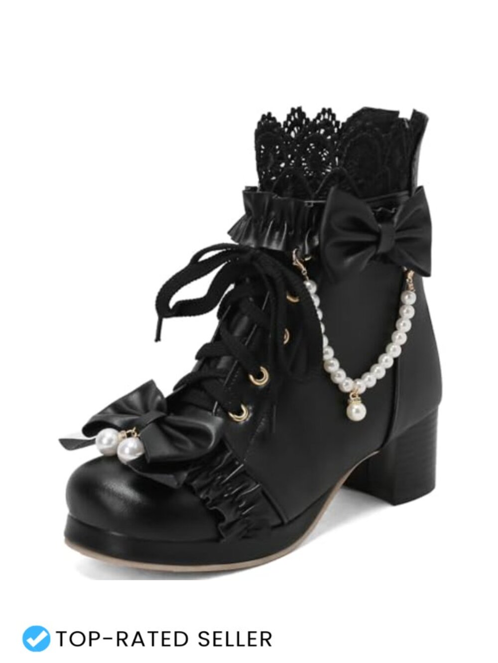 LUXMAX Lolita Boots Chunky Mid Heel Lace Up Ankle Boots with Bow Kawaii Shoes